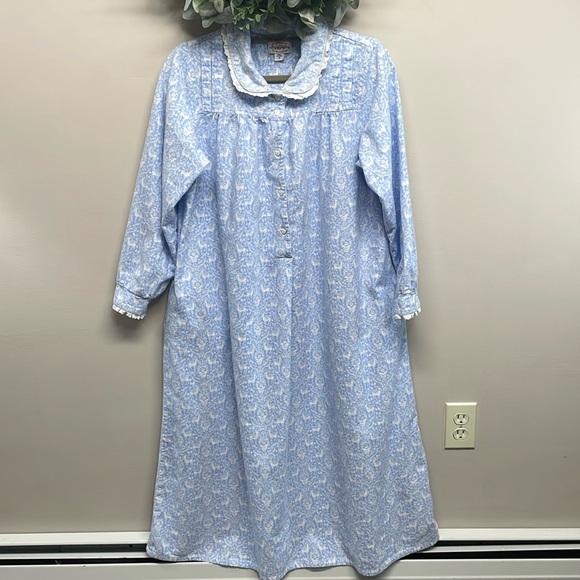 Lanz Of Salzburg Long Sleeve Flannel Lace Trim Nightgown Blue Deer Print S - Picture 1 of 15